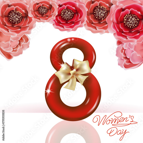 A postcard for Women's Day on March 8th featuring a figure eight with a beige bow on a background of flowers. Vector image.