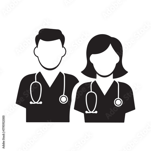 Silhouette icon of male and female doctors with stethoscopes, perfect for healthcare services, clinics, hospital branding, and professional medical designs.
