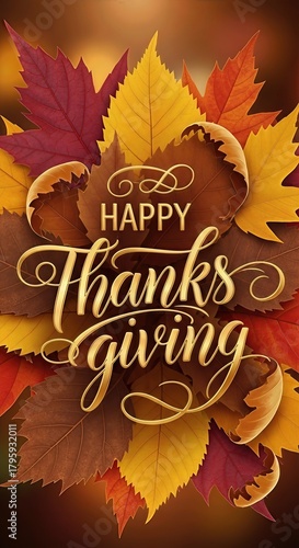 Warm autumn leaves form a colorful background for the golden text wishing Happy Thanksgiving Day, celebrating gratitude and the harvest season with warm tones.