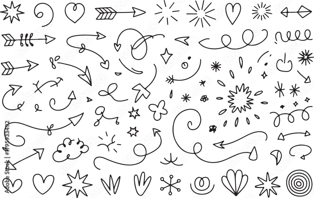 Fototapeta premium Black Hand Drawn Doodle Arrows Hearts Stars Swirls and Shapes