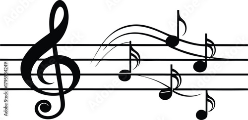 Abstract illustration of a treble clef and flowing musical notes on a staff representing the beauty and dynamism of music and sound