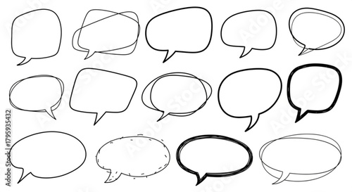 Collection of hand drawn speech bubbles with various shapes and line styles in black and white color scheme created with generated ai