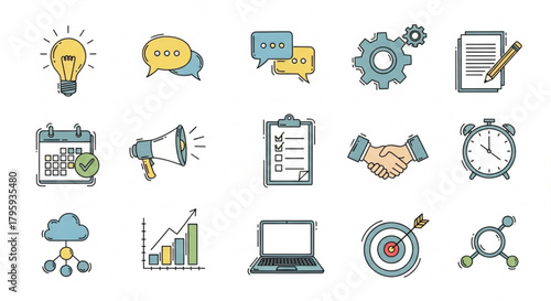 Illustration of business icons including lightbulb, chat, gears, and handshake on white background created with generated ai