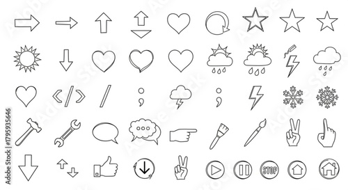 Collection of outlined vector icons featuring arrows, hearts, weather, and hand gestures in black and white created with generated ai