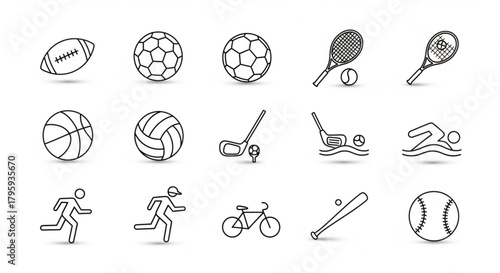 Collection of various sport equipment and athletic activity icons in outline style vector illustration created with generated ai