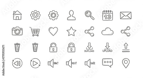 Hand drawn style icon set featuring home settings user search calendar mail camera cart heart and more icons created with generated ai