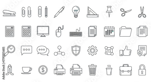 Collection of office and business icons including stationery and technology in outline style design vector created with generated ai