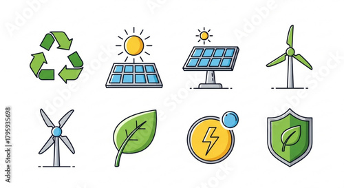 Illustration showing renewable energy sources and environmental protection icons set on a white background created with generated ai