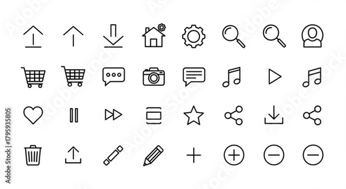 Collection of various outline style icons representing common user interface elements and actions shown created with generated ai