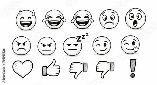 Collection of hand drawn emoji icons showing various expressions and hand gestures in black and white style created with generated ai