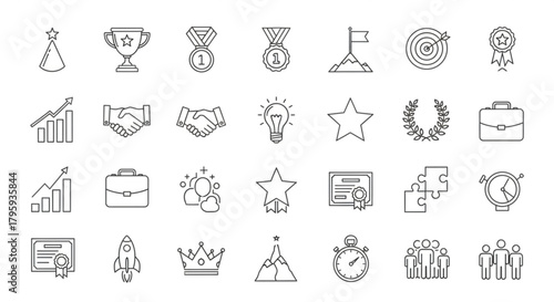 Collection of business and success related outline icons including awards and teamwork elements set in rows created with generated ai