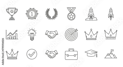 Outline icons depicting business success, including trophy, rocket, handshake, and graduation cap symbols created with generated ai