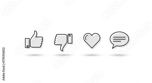 Illustration of like dislike heart and speech bubble icons on a white background in a row format created with generated ai