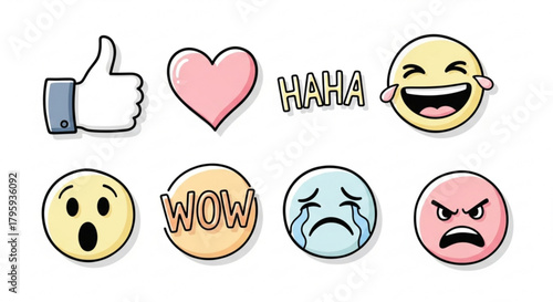 Illustration of various emotions including like heart haha lol wow sad and angry faces on white background created with generated ai