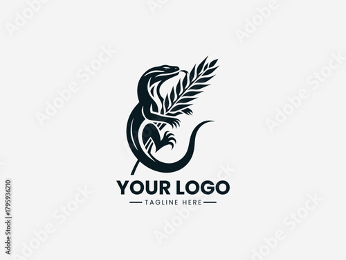 lizard or komodo biting a wheat stalk in bold black vector logo illustration