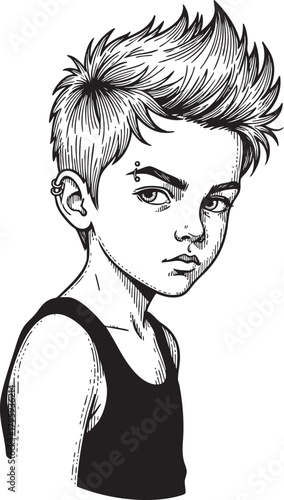 Vintage vector engraving illustration of a young boy with spiky hairstyle and serious expression isolated on transparent background showing detailed portrait artwork in monochrome 