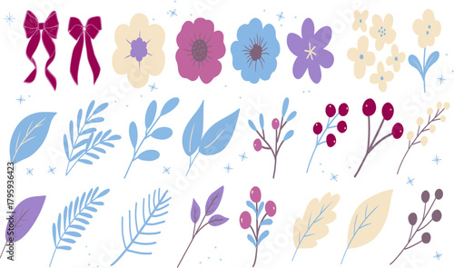 Winter floral elements set including flowers, leaves, berries, branches, ribbons, and foliage in blue, mulberry, and neutral tones