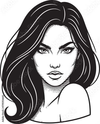 Vintage vector engraving illustration of a confident woman with long flowing hair and intense gaze isolated on transparent background showing detailed portrait artwork in monochrom