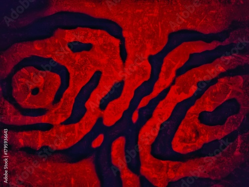 A vibrant, abstract image featuring swirling, organic patterns in deep red and dark blue. The texture is grunge and distressed, resembling flowing lava or ink.