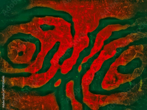 An abstract, organic background features vibrant, jagged red and orange shapes layered over a dark, textured green and teal backdrop. The design is grungy, flowing, and visually intense, resembling na