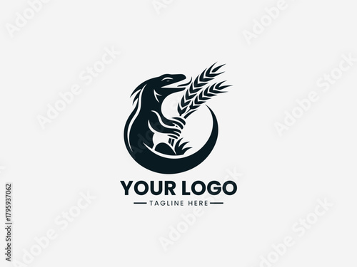 lizard or komodo biting a wheat stalk in bold black vector logo illustration