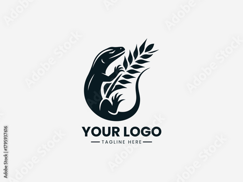 lizard or komodo biting a wheat stalk in bold black vector logo illustration