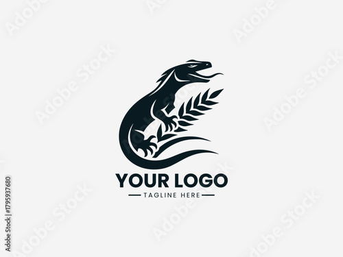 lizard or komodo biting a wheat stalk in bold black vector logo illustration