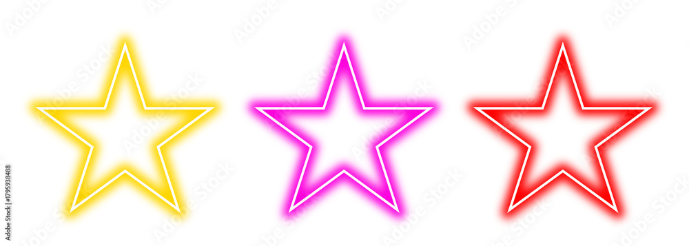 Fototapeta premium Neon star frames isolated on transparent background. Gradient purple yellow red glowing borders. Bright vibrant neon light effect. Shining star icon set, vector PNG element for design