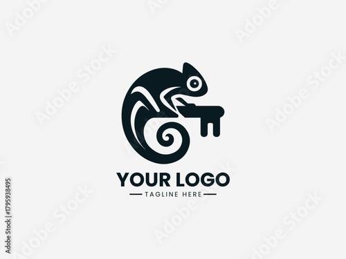 chameleon wrapped around key symbol in clean black vector modern logo illustration
