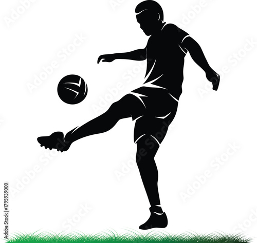 Silhouette of football player kicking ball on grass vector art