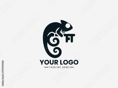chameleon wrapped around key symbol in clean black vector modern logo illustration