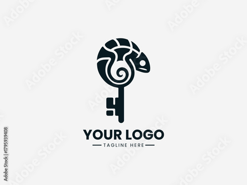 chameleon wrapped around key symbol in clean black vector modern logo illustration