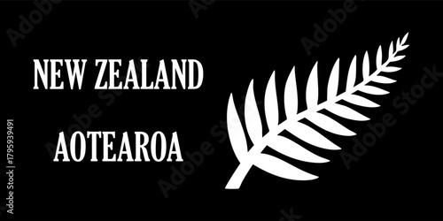 White Fern and New Zealand Typography. Graphic Featuring Aotearoa Identity on Black Background. Suitable for use in cultural branding, travel content, or editorial features related to New Zealand. 