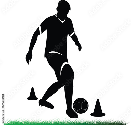 Silhouette of soccer player dribbling ball around cones field