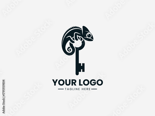chameleon wrapped around key symbol in clean black vector modern logo illustration