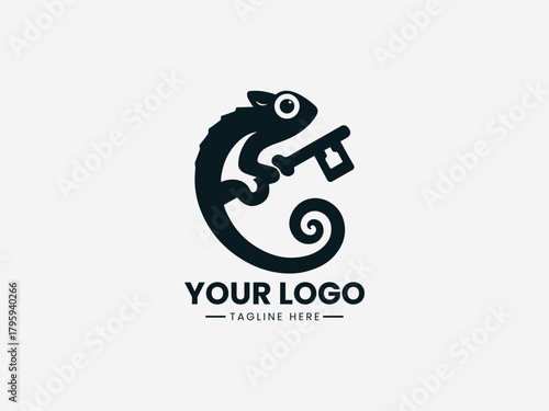 chameleon wrapped around key symbol in clean black vector modern logo illustration