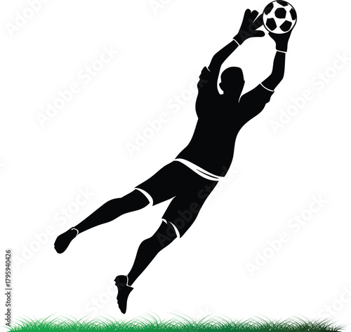 Soccer goalkeeper jumping to catch ball silhouette illustration design