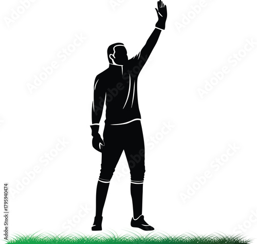 Soccer goalkeeper silhouette raising hand in the air signal