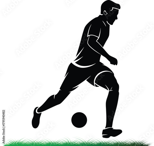 Soccer player dribbling ball silhouette on green grass graphic