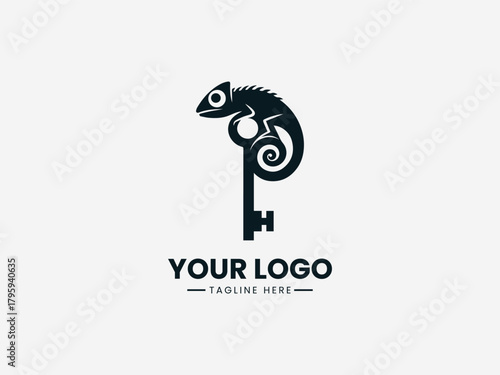chameleon wrapped around key symbol in clean black vector modern logo illustration