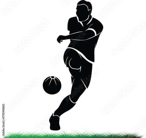 Soccer player kicking ball on grass black silhouette art