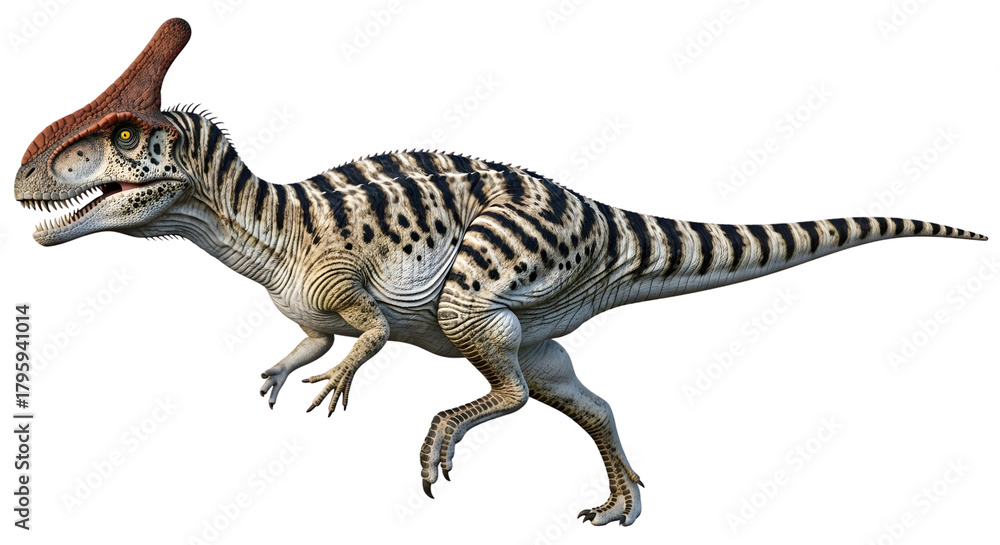 Fototapeta premium Vividly rendered bipedal dinosaur with striped hide and crest