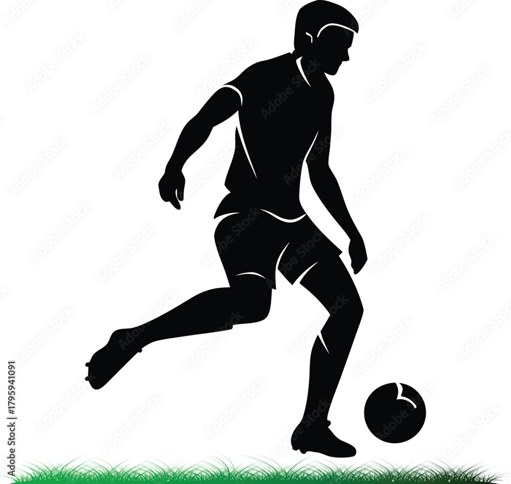 Naklejka premium Soccer player kicking ball silhouette on grass field illustration