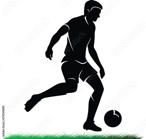 Soccer player kicking ball silhouette on grass field illustration