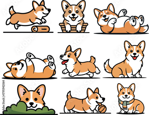 Adorable corgi drawing puppies running sitting and wearing glasses