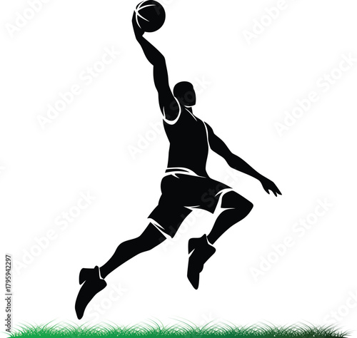 Basketball player silhouette leaping with ball towards the hoop