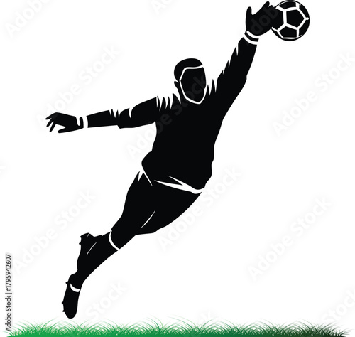 Goalkeeper catches soccer ball in action silhouette illustration