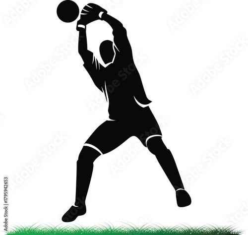 Goalkeeper catches soccer ball silhouette on grass background