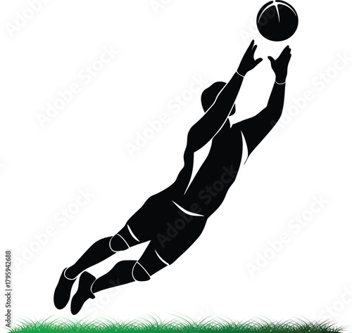 Goalkeeper silhouette leaps to catch ball in soccer match
