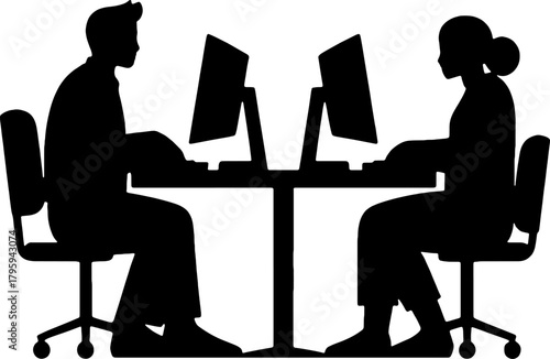 Coworkers silhouette working on computers at desk Vector